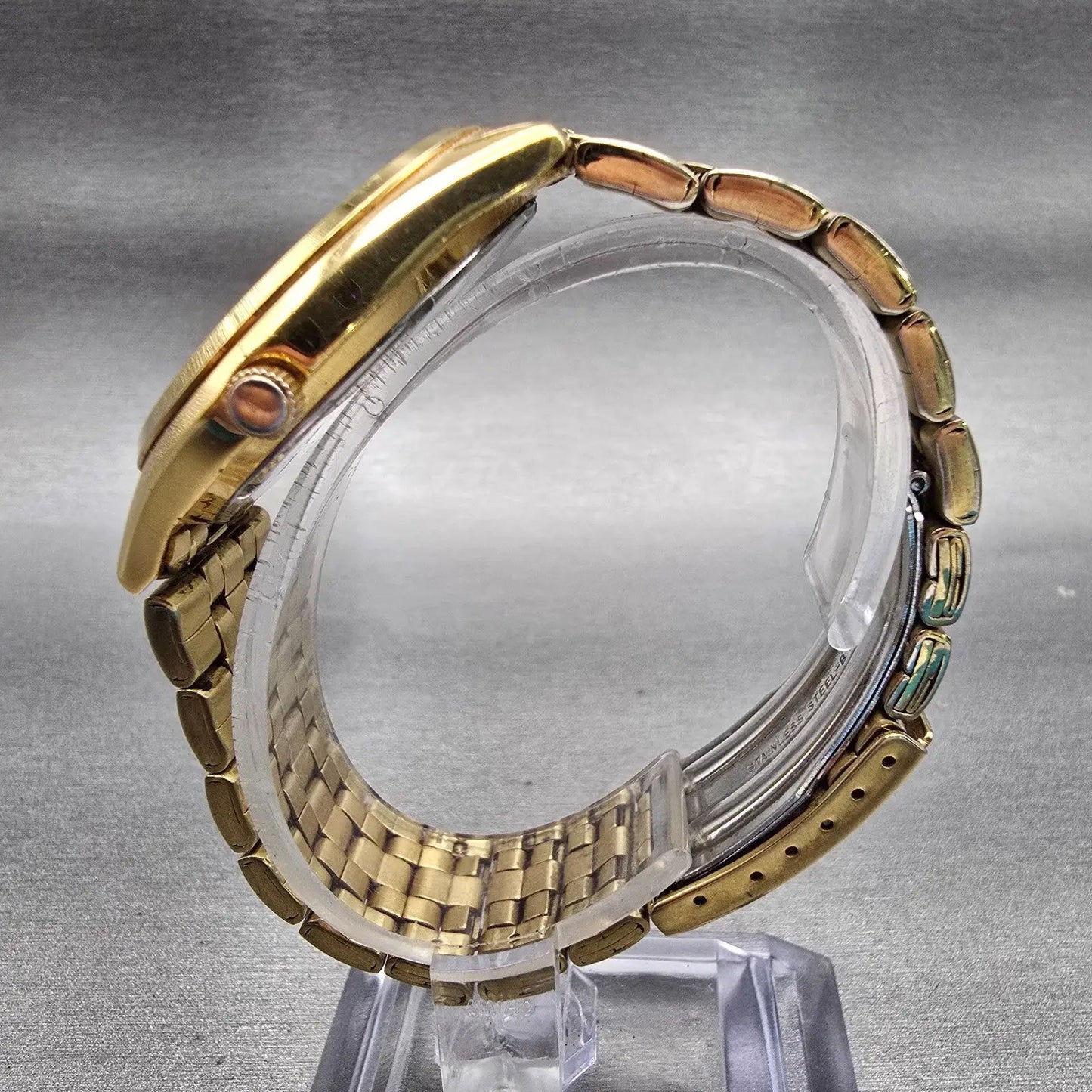 Seiko Watch Men 37mm Gold Dial Gold Tone Daydate Round 7N43-9046 New Battery VTG6