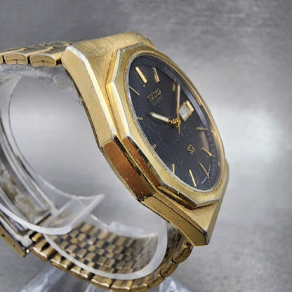 Seiko SQ Watch Men 33mm Blue Dial Gold Tone Daydate Round 5Y23-6A39 New Batery