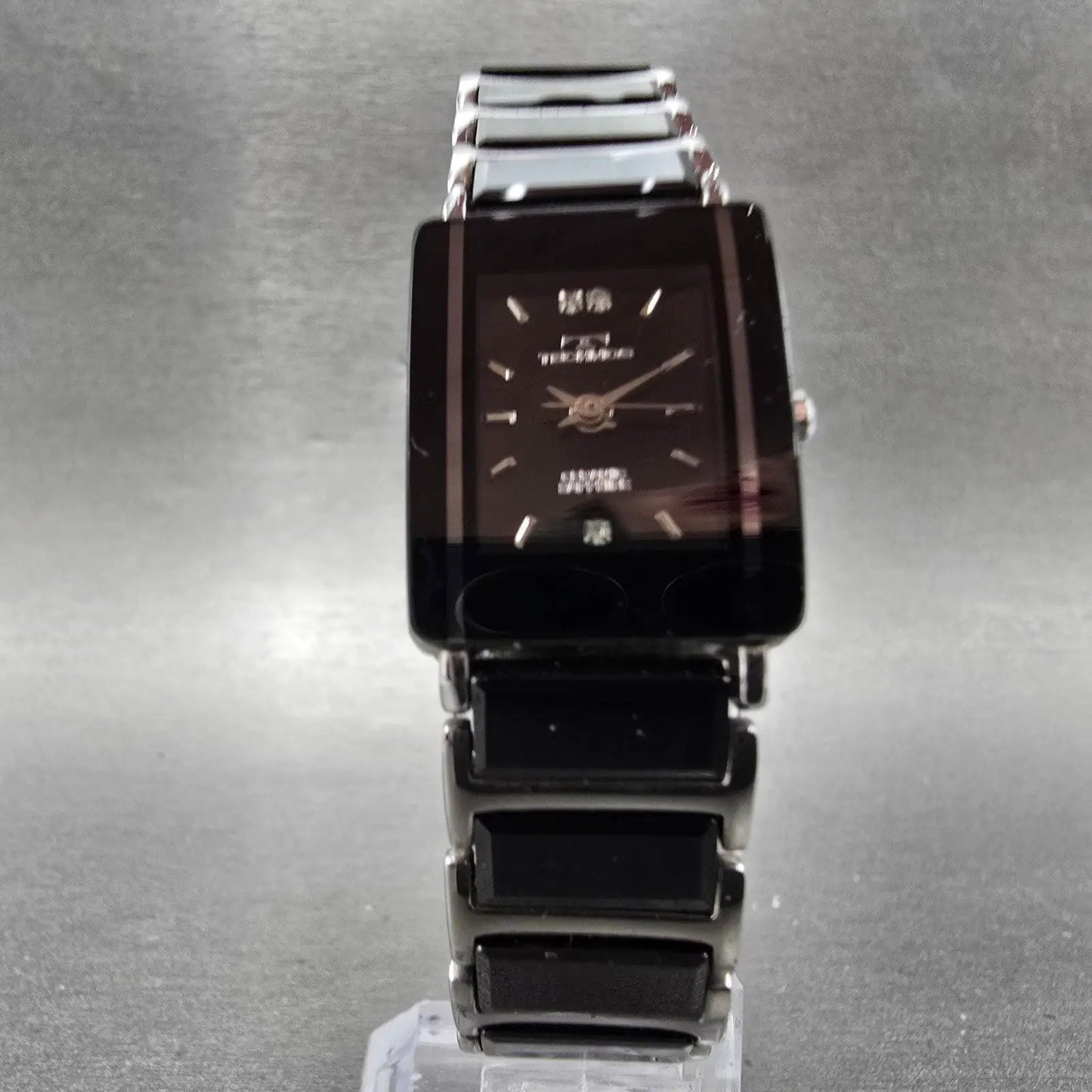 Technos Tank Watch Women 18mm Black Dial Steel & Ceramic TAL-742 New Battery D5