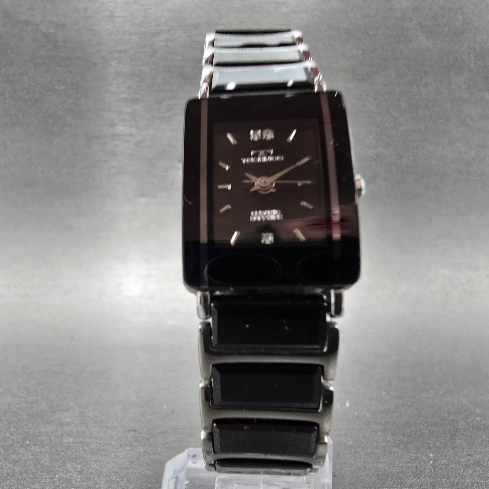 Technos Tank Watch Women 18mm Black Dial Steel & Ceramic TAL-742 New Battery D5