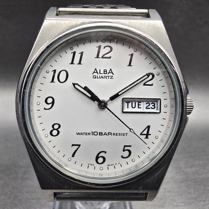 Seiko Alba Watch Men 34mm White Dial Silver Tone Daydate V743-8A10 New Battery H1