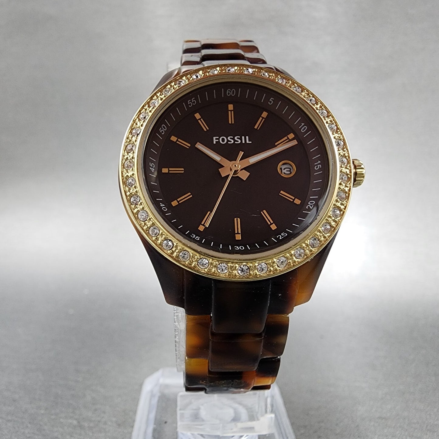 Fossil Stella Mini Watch Women 31mm Brown Dial Tortoise Resin Case Date New Batt5