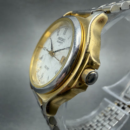 Seiko SQ 100 Watch Women 28mm White Dial Gold Tone Date 7N82-0061 New Battery2