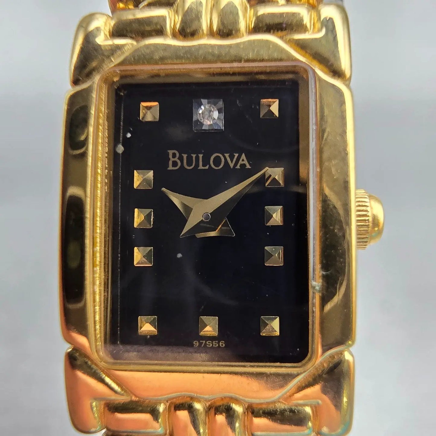 Bulova Tank Watch Women 13mm Black Dial Gold Tone Rectangle 97S56 New Battery1