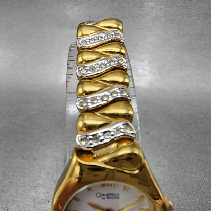 Bulova Caravelle Watch Women 21mm White Dial Two Tone Crystal Accents New Batt