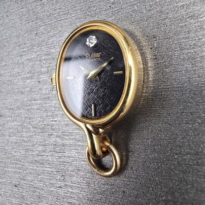Seiko Pulsar Pendant Watch Women 16mm Black Dial Gold Tone Oval V232 New Battery2