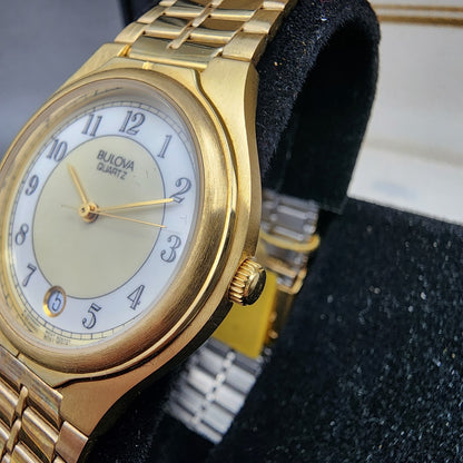 Bulova Watch Men 32mm White Dial Gold Tone Date Round 92B72 New Batt NOS2
