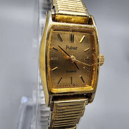 VTG Pulsar Watch Women Gold Tone Rectangle 16mm V233-5100 Stretch Band New Batt
