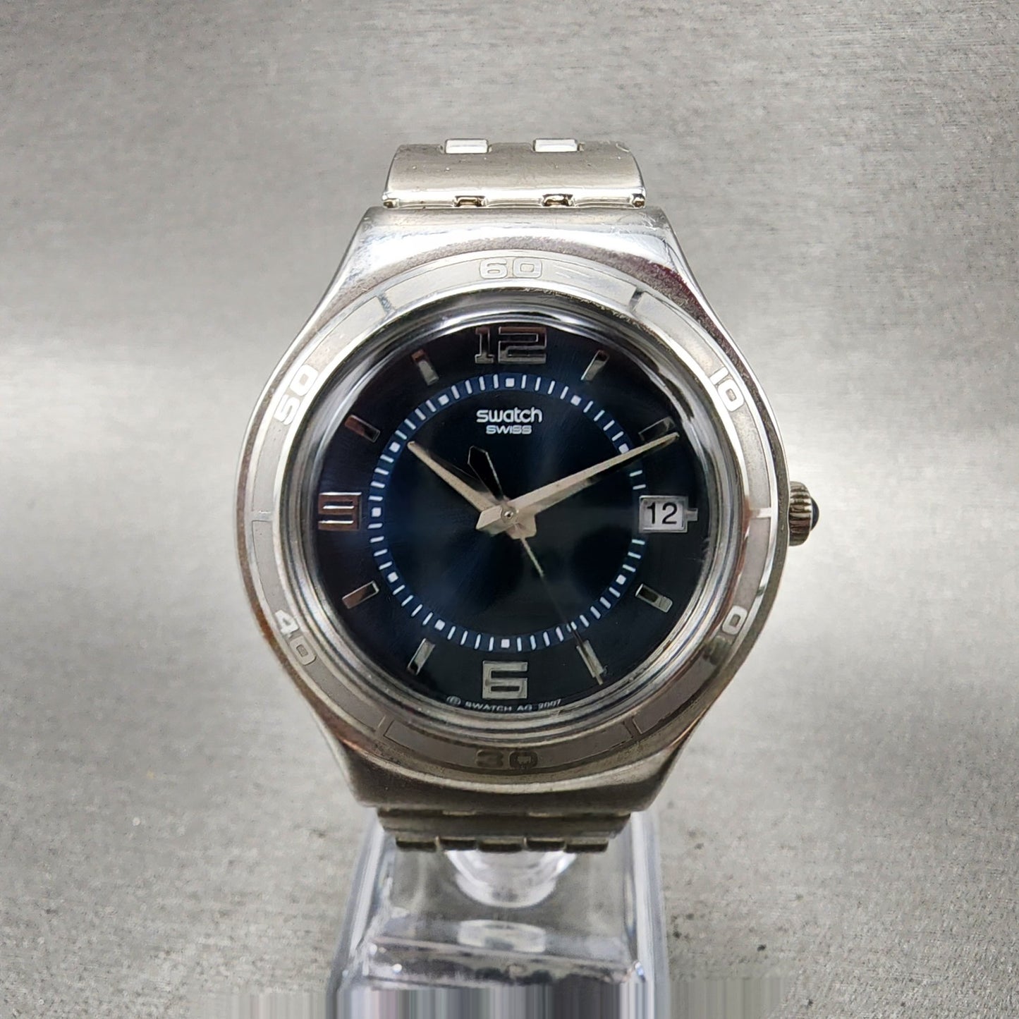 Swatch Irony Trustfully Yours Watch Men 37mm Blue Dial Steel Date Round New Batt0