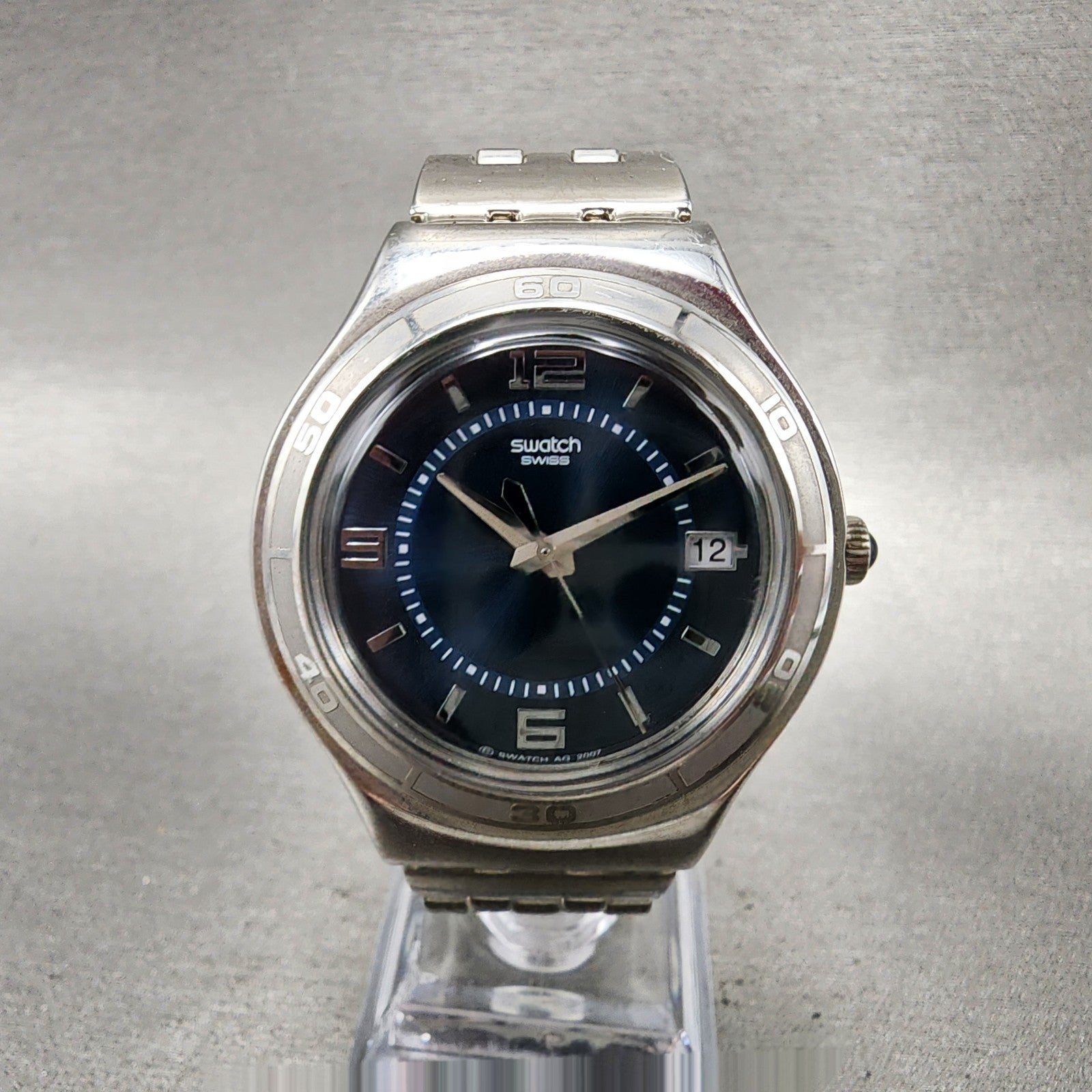 Swatch Irony Trustfully Yours Watch Men 37mm Blue Dial Steel Date Round New Batt0