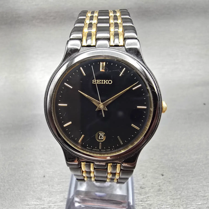 Seiko Watch Men 34mm Black Dial Black &Gold Date Round 7N22-7041 New Battery VTG0