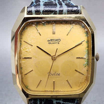 Seiko Dolce Tank Watch Men 30mm Gold Dial Gold Tone Rectangle 59315300 New Batt1
