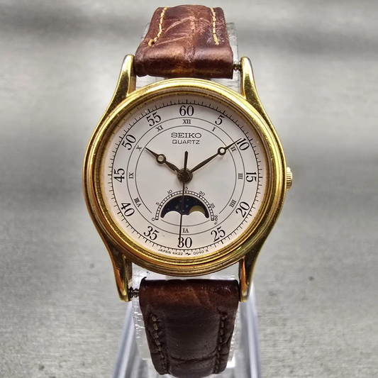Seiko Moon Phase Watch Women 24mm White Dial Gold Tone Round 4K22-0049 New Batt0