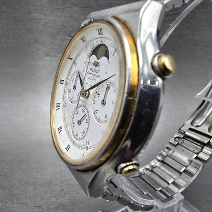 Seiko Chronograph Moon Phase Watch Men 39mm White Dial Two Tone Date New Battery2
