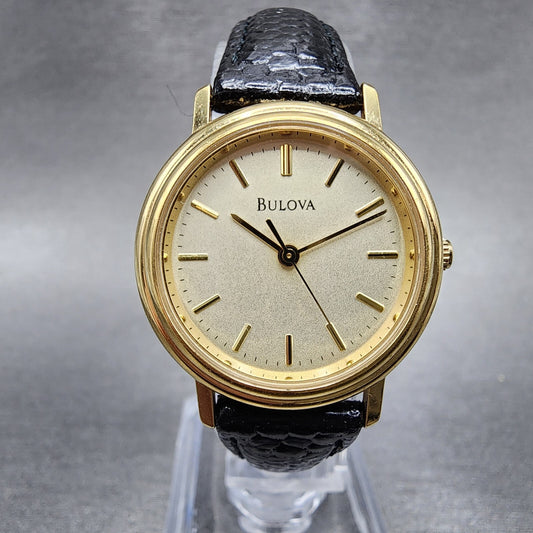 VTG Bulova Watch Women 26mm Gold Dial Gold Tone Round Leather Band New BatteryA10