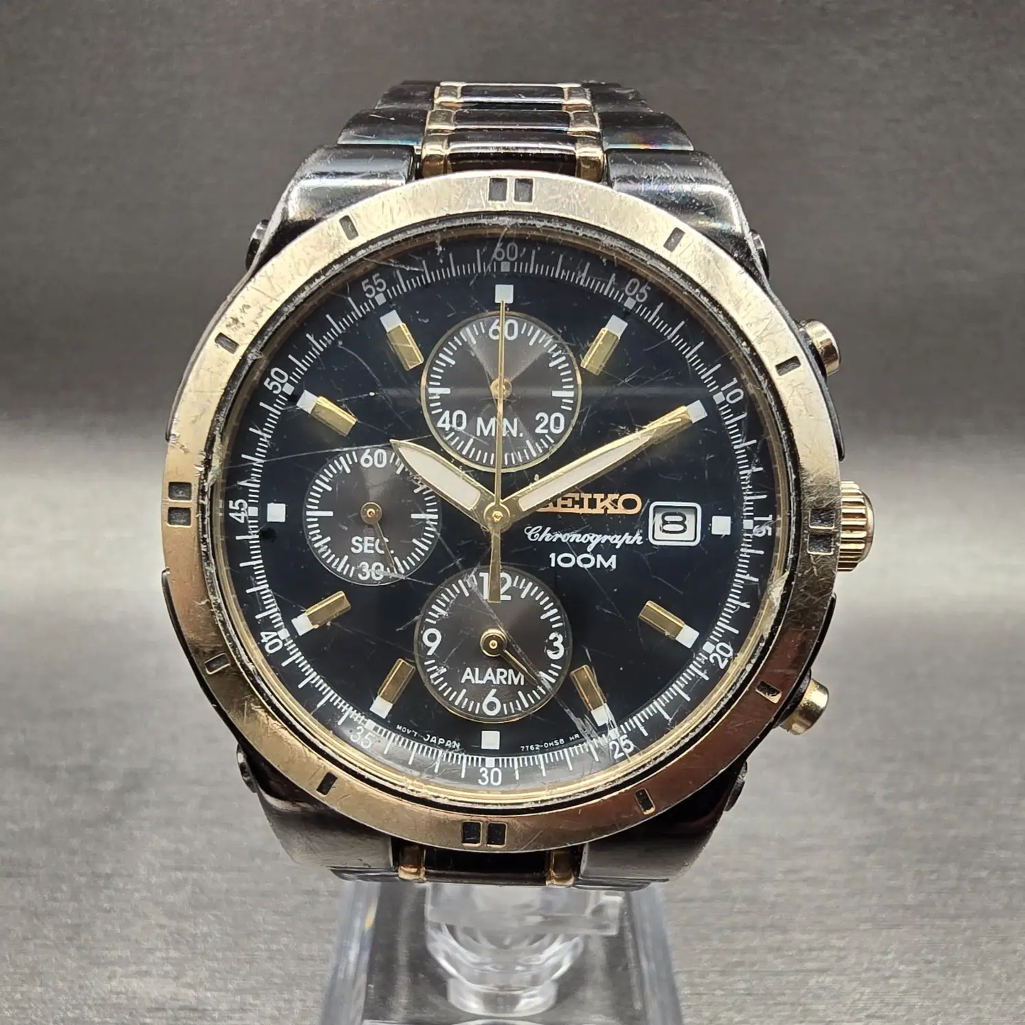 Seiko Chronograph Watch Men 39mm Black Dial Date Alarm 7T62-0FY0 New Battery0