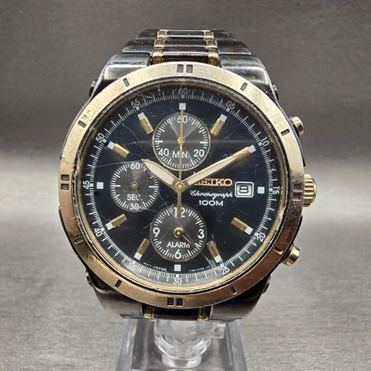 Seiko Chronograph Watch Men 39mm Black Dial Date Alarm 7T62-0FY0 New Battery0