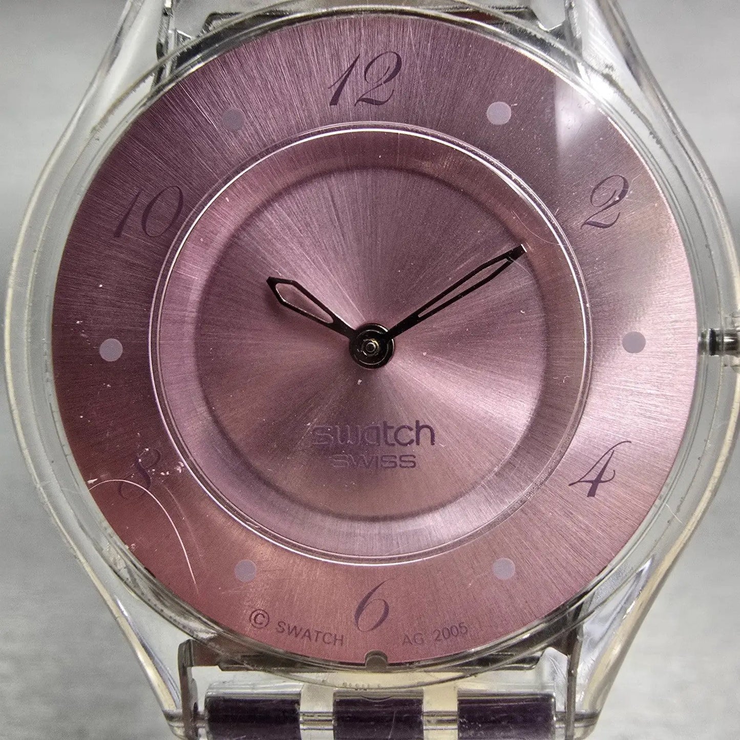 Swatch Skin FLOWER TRACK Watch Women Purple Dial Clear Case SFK278 New Battery1