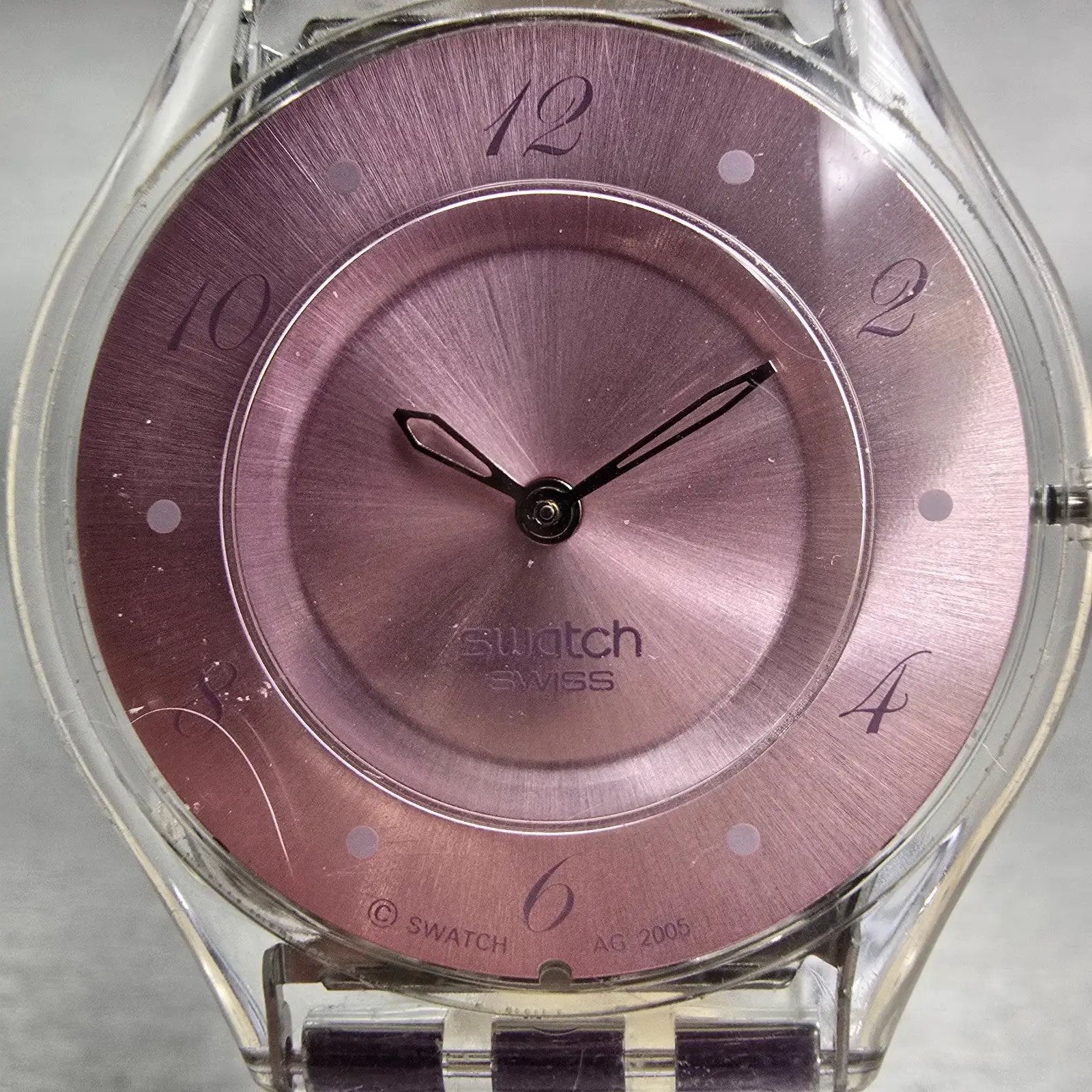 Swatch Skin FLOWER TRACK Watch Women Purple Dial Clear Case SFK278 New Battery1