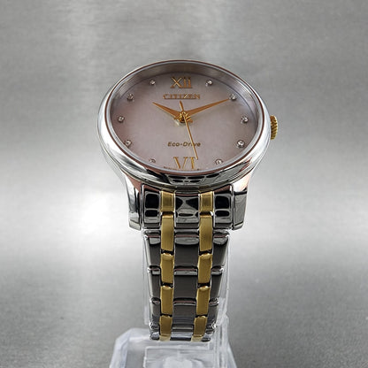 Citizen Eco-Drive Watch Women 31mm MOP Dial Two Tone Crystal Markers EM0894-50D