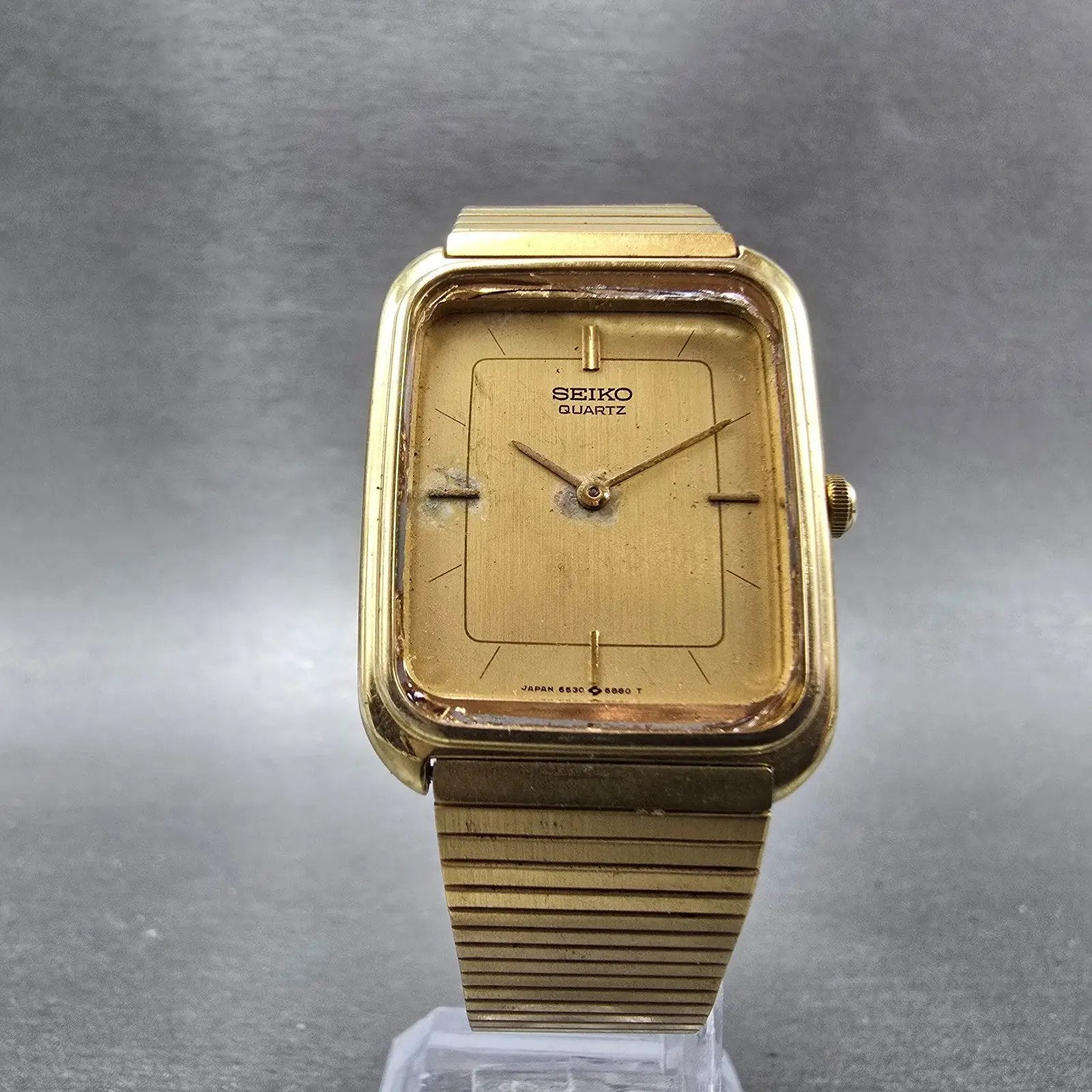 Seiko Tank Watch Men 25mm Champagne Dial Gold Tone Rectangle 6530-5479 PARTS VTG6