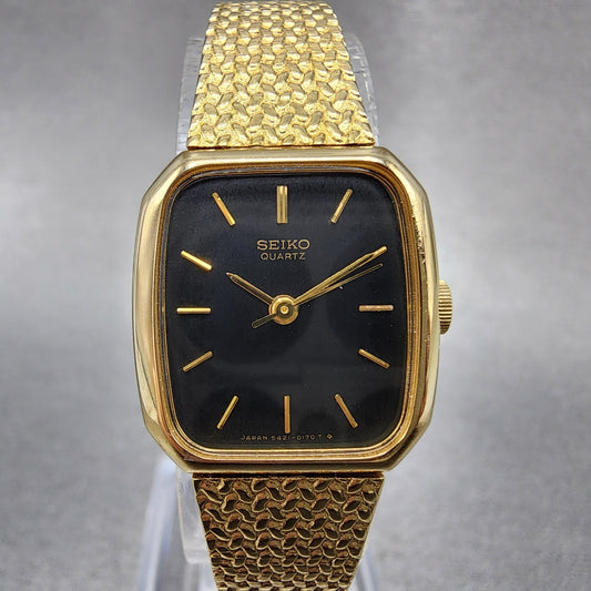 Seiko Tank Watch Women 19mm Black Dial Gold Tone 54215060 New Battery0