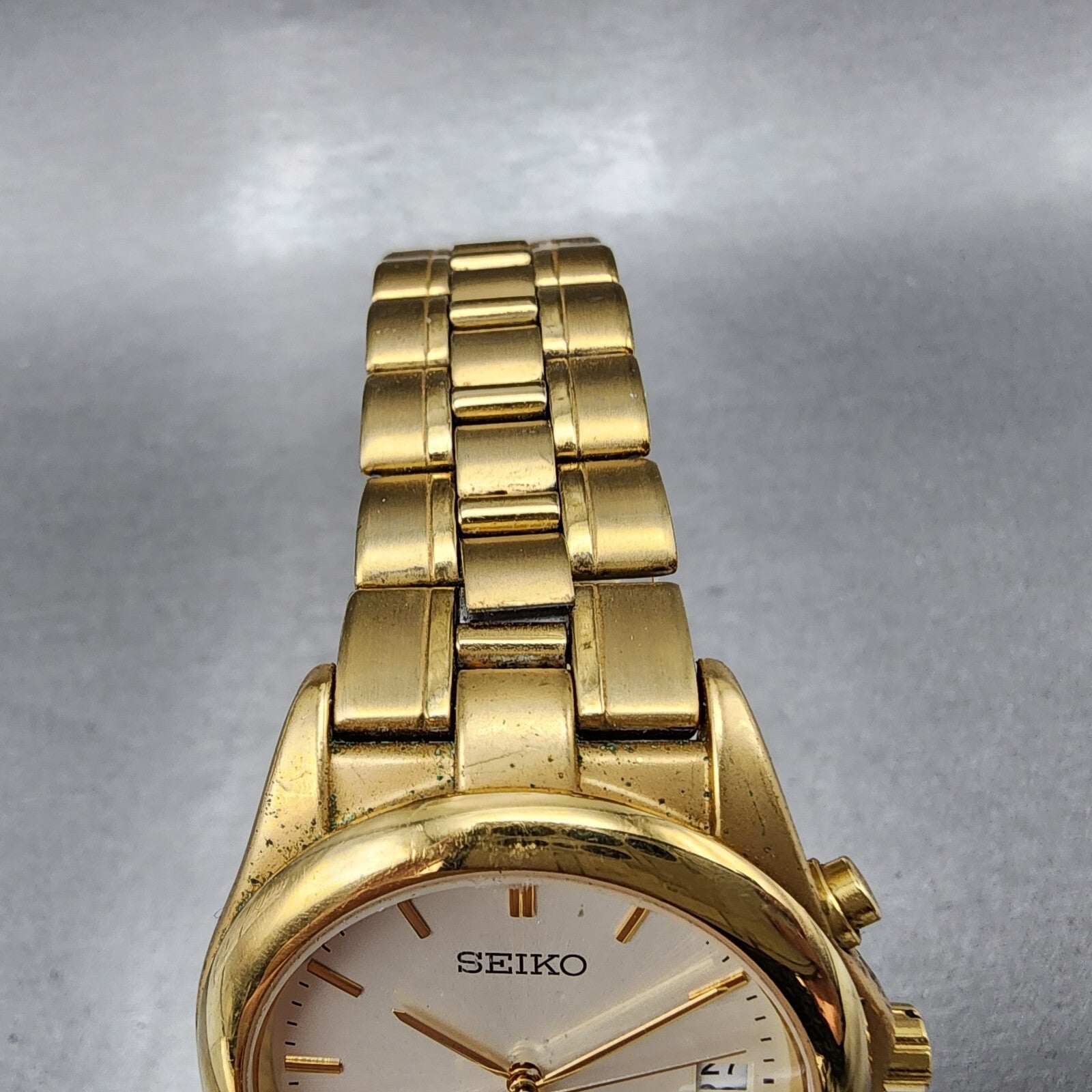 Seiko Kinetic Watch Men 38mm White Dial Gold Tone Date Round 5M420K69 PARTS5