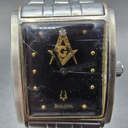 Bulova Freemason Tank Watch Men 30mm Black Dial Steel Rectangle PARTS2
