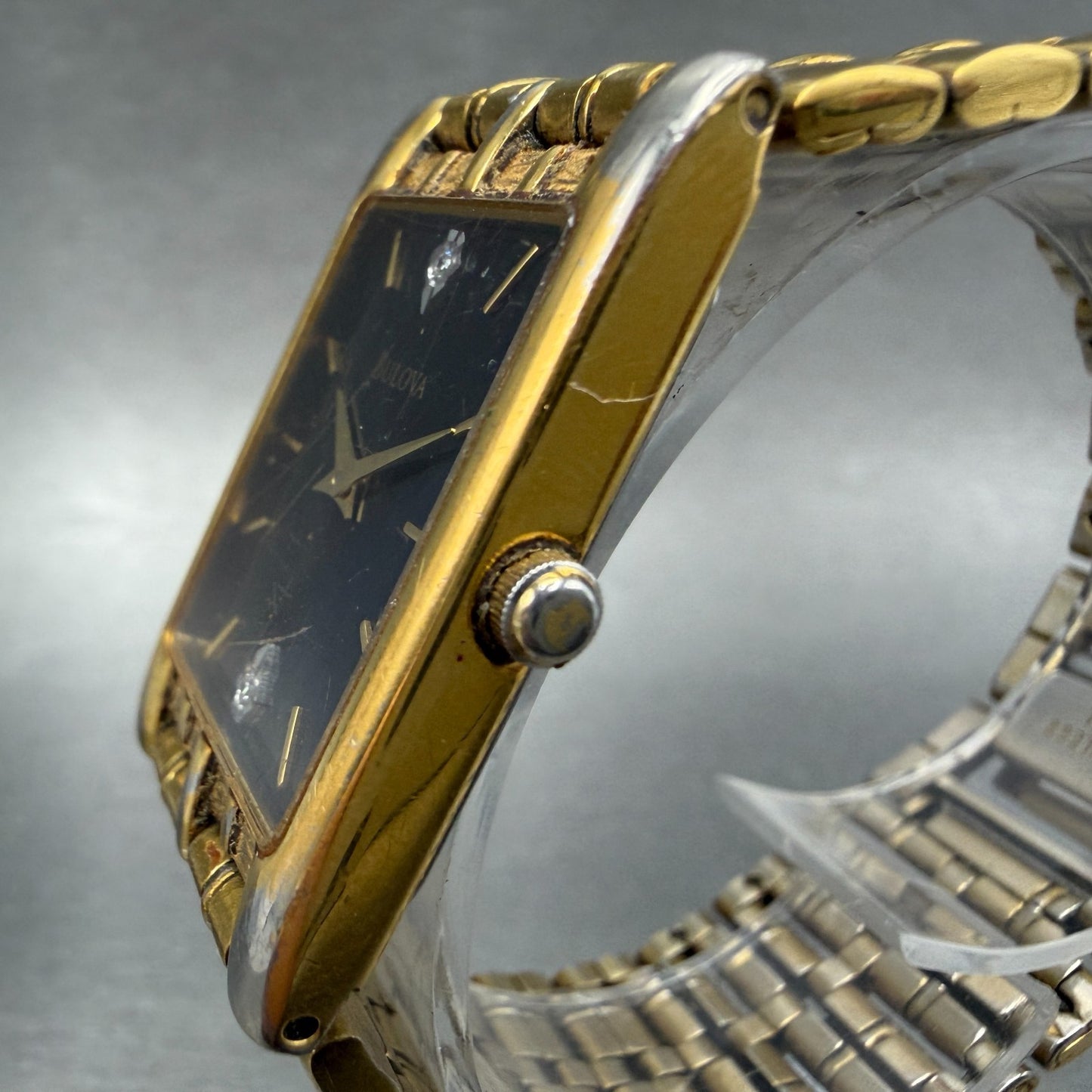 Bulova Tank Watch Men 24mm Black Dial Gold Tone Rectangle 97D11 New Battery VTG2