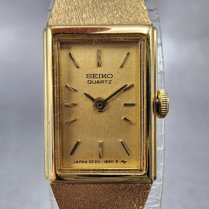 Seiko Tank Watch Women 12mm Champagne Dial Gold Tone 2E206479 New Battery VTG1