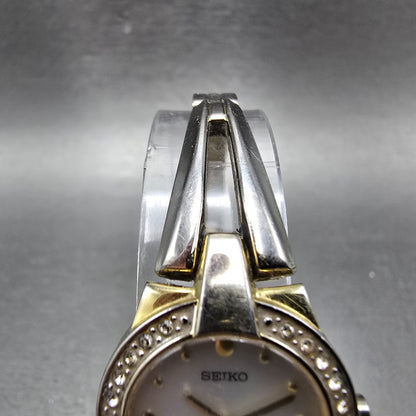 Seiko Solar Watch Women 22mm MOP Dial Gold Tone Round V115-0AW0 Runs Crystals NK4