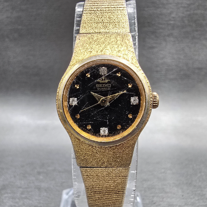 Seiko Watch Women 20mm Black Dial Gold Tone Round 8Y21-0020 New Battery VTG 120