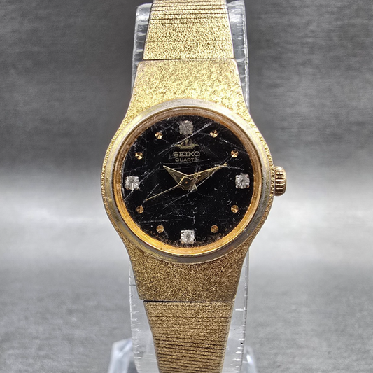 Seiko Watch Women 20mm Black Dial Gold Tone Round 8Y21-0020 New Battery VTG 120