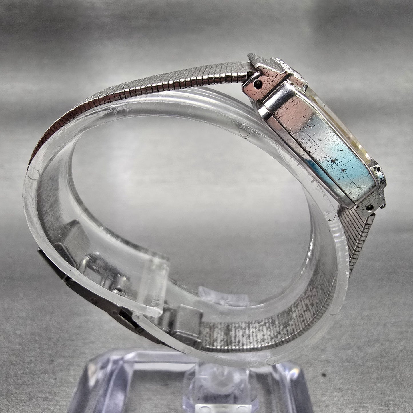 Seiko Watch Women 17mm Blue Dial Silver Tone Gemmed Rectangle 21-3141 Works VTG8