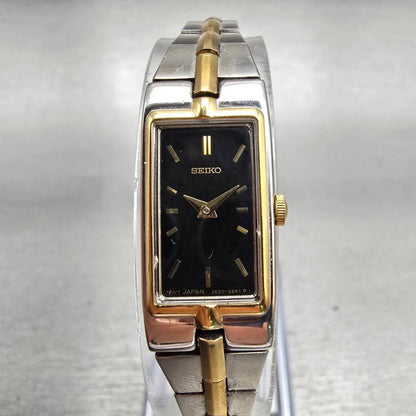 Seiko Watch Women 13mm Black Dial Two Tone Rectangle 2E20-7479 New Battery VTG0