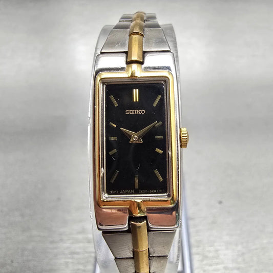 Seiko Watch Women 13mm Black Dial Two Tone Rectangle 2E20-7479 New Battery VTG0