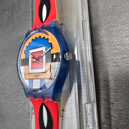 Swatch Paella Watch Men 34mm Orange Dial Blue Case GN129 New Battery NOS4