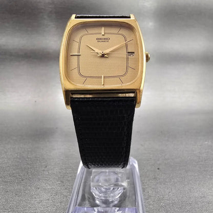 Seiko Watch Men 27mm Gold Dial Gold Tone Date Rectangle 6532-5250 New Battery5