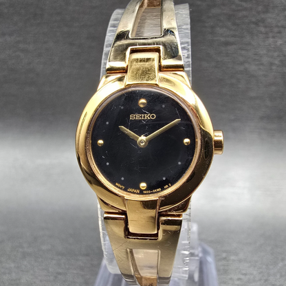Seiko Watch Women 20mm Black Dial Gold Round Bangle 1N00-0GM0 New Battery0
