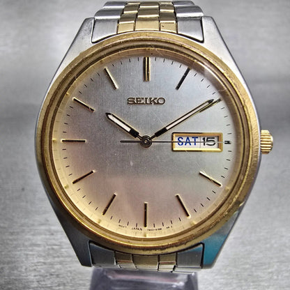 Seiko Watch Men 37mm Silver Dial Two Tone Daydate Round 7N43-9048 New Battery0