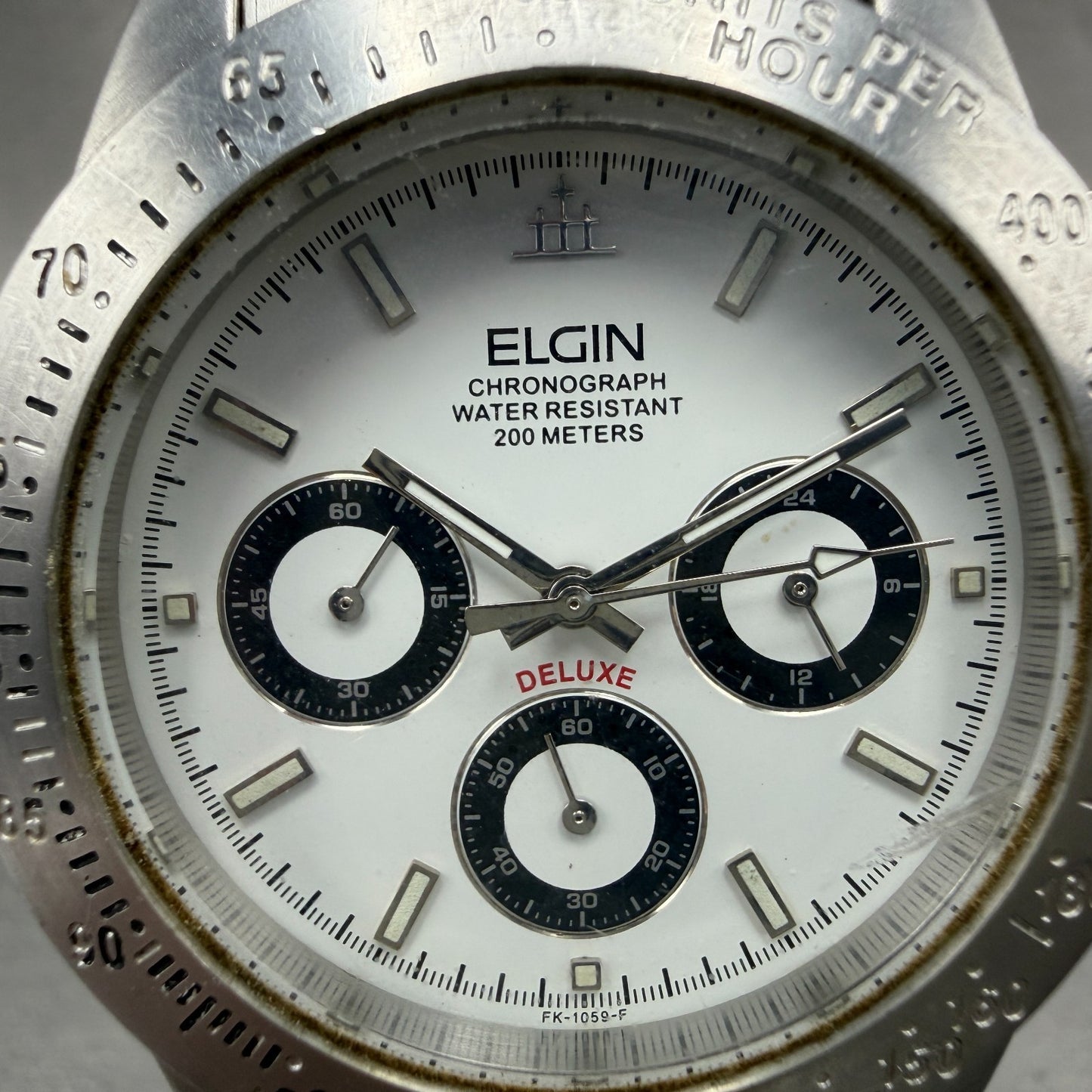 Elgin Chronograph Watch Men 39mm White Dial Silver Tone Round FK-1059 PARTS2