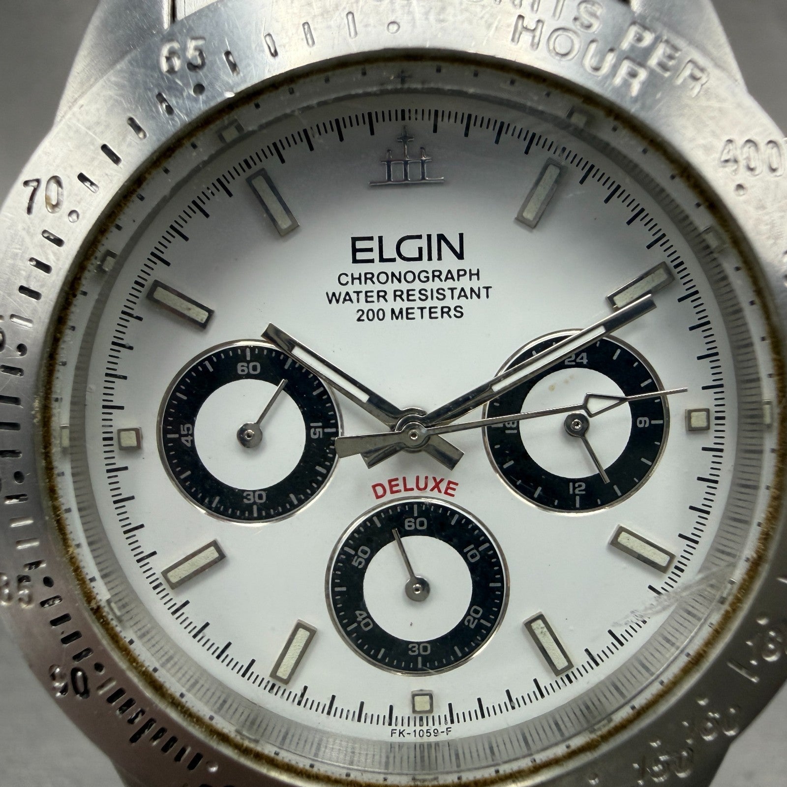 Elgin Chronograph Watch Men 39mm White Dial Silver Tone Round FK-1059 PARTS2