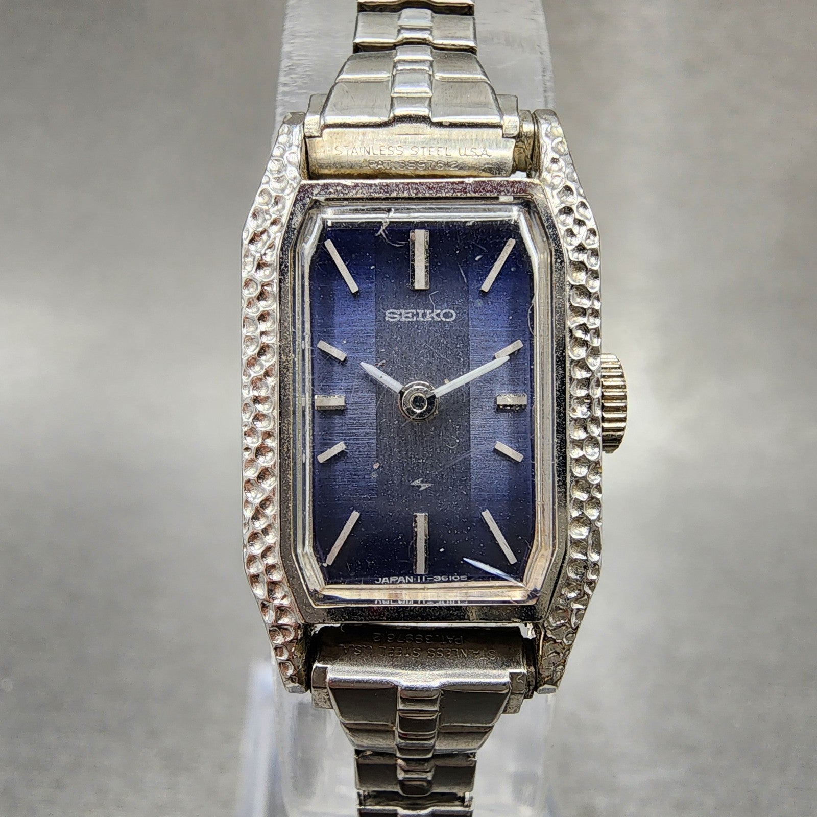 Seiko Tank Watch Women 16mm Blue Dial Silver Tone Octagon Manual 114300 Runs0