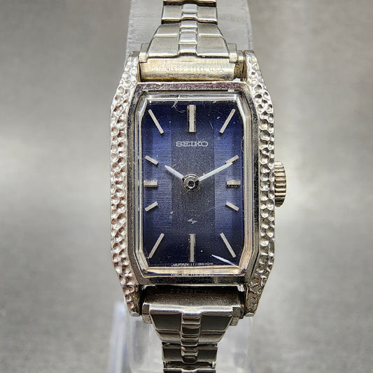 Seiko Tank Watch Women 16mm Blue Dial Silver Tone Octagon Manual 114300 Runs0