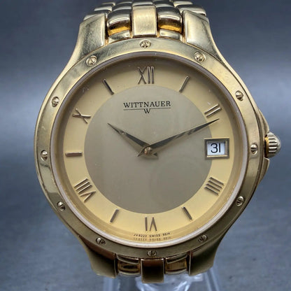 Wittnauer Watch Men 35mm Gold Dial Gold Tone Date Round JV8223 9514 PARTS0