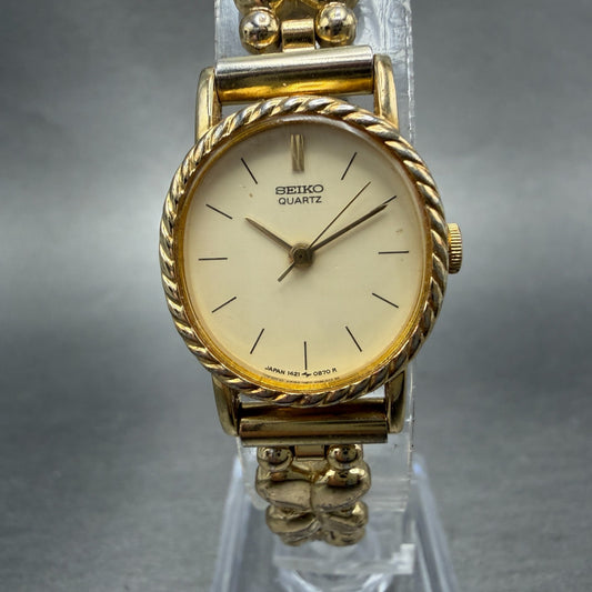 Seiko Watch Women 19mm Champagne Dial Gold Tone Oval 1421-5510 New Battery VTG0