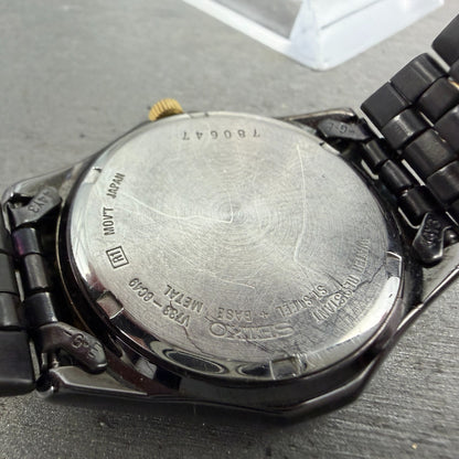 Seiko Watch Men 35mm Black Dial Black & Gold Tone Daydate V733-6C49 New Battery29
