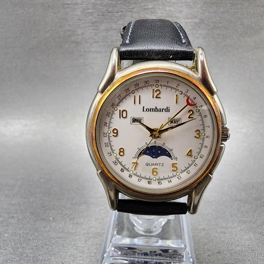 Lombardi Triple Calendar Moonphase Watch Men 35mm White Dial Two Tone New Batt
