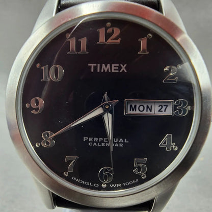 Timex Perpetual Calendar Watch Men 37mm Black Dial Silver Tone Daydate New Batt2