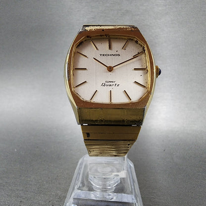 Technos Summit Quartz Watch Men 33mm White Dial Gold Tone Octagon New Battery5